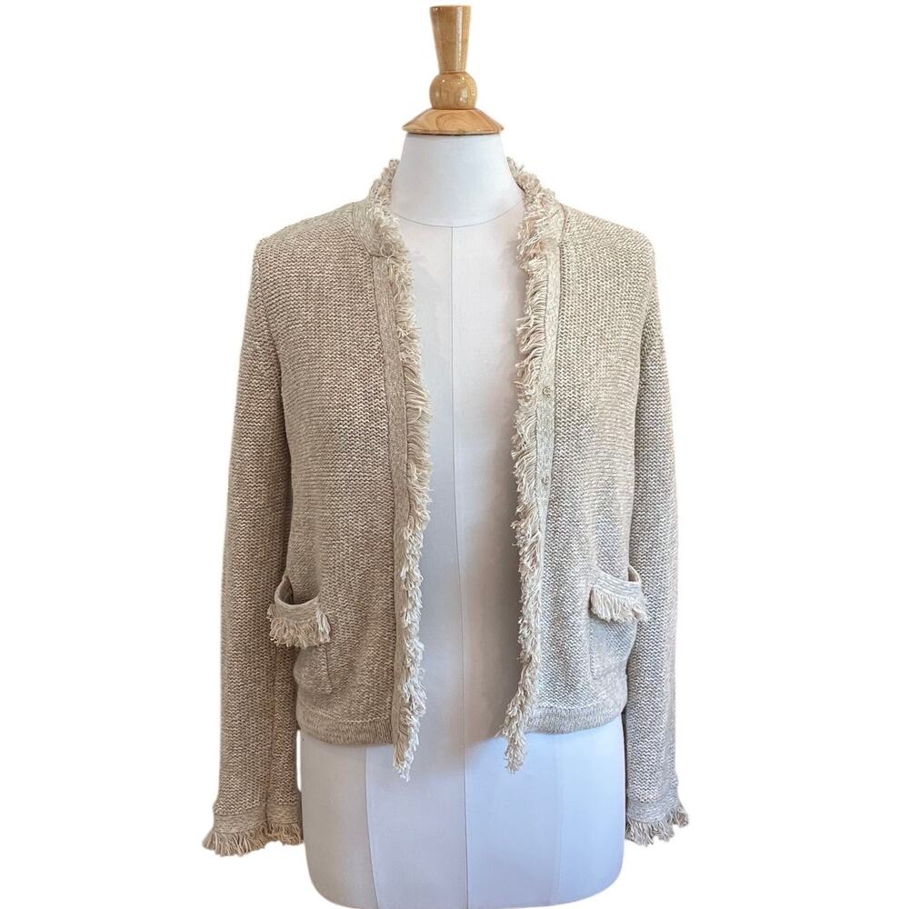 J. McLaughlin Tan Textured Knit Open Front Cardigan Jacket, Fringe, Size XS